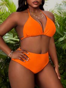 Slaydiva Bộ bikini hai mảnh buộc cổ màu trơn gợi cảm dành cho nữ cỡ lớn, gồm bikini và quần lót tam giác. - Màu Cam cháy - Xem 5