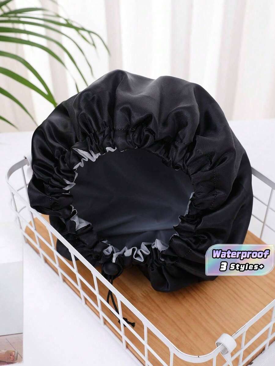1/2 pièces Bonnet de douche réglable à double couche et imperméable, couleur unie noir, rose. Décoration de salle de bain à la maison, décoration d'été, rentrée scolaire - Multicolore - Voir 1