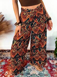 Fembélia Damen Casual Loose Bedruckte Hosen Boho Hosen für Damen Damen Sommer Hosen Bohemian Hosen Weite Bein Hosen Damen Hohe Taille Palazzo Hosen Damen Urlaubs-Outfit Sets - Verschiedenfarbig - Übersicht 3