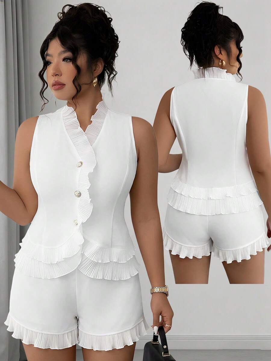 Elenzga Bộ đồ 2 mảnh cỡ lớn, thanh lịch, màu trơn, xếp ly, viền bèo nhún gồm áo hai dây và quần short. - trắng - Xem 1
