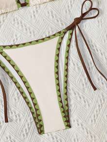 SHEIN Swim Mod Women's Summer Beach Faux Pearl Coconut Tree Pattern Halter Tie Sexy Bikini And Triangle Panty Swimsuit Set - Beige - View 4