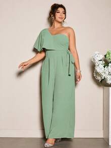 Elenzga Plus Size Women's Wrap Shoulder Tie Waist Jumpsuit, Elegant For Outings, Commute And Dates - Mint Green - View 3