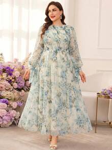 Modelyn Plus Size Women Elegant Floral Print Waist Cinched Dress Fall - Blue - View 4