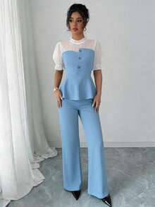 SHEIN Raffinéa Contrast Color Chiffon Patchwork Shirt And Wide Leg Pants Set - Blue - View 4
