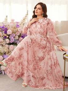 Modelyn Plus Size Women Elegant Floral Print Cinched Waist Midi Dress - Pink - View 5