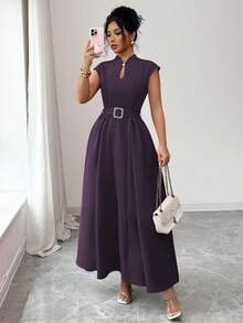 Elenzga Đầm nữ thanh lịch, thoải mái, thích hợp đi làm, đi nghỉ mát, dự tiệc trà chiều, ngày Valentine, tiệc tùng, màu trơn, cổ khoét lỗ, không tay, eo nhún, thắt lưng khóa, gấu xòe, có túi, mùa xuân/hè. - Bold Plum - Xem 6