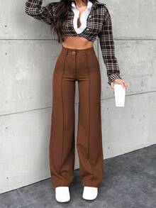 EURMUSE Women's Solid Color Toothpick Striped Design Wide Leg Office Autumn Pants - Rust Brown - View 4