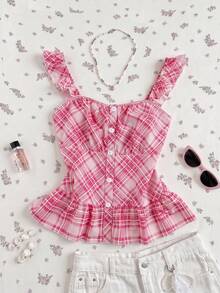 Flirla Women's Pink And White Plaid Romantic Cute Ruffled Sleeve Shirt Blouse, Spring/Summer Vacation - Pink - View 3