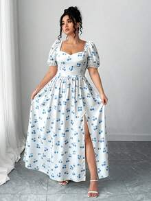 Elenzga Plus Size Women's Petal Sleeve Open Back Flared Dress - Blue and White - View 6