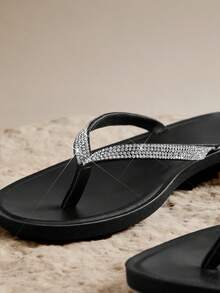 SHUZIA Women's Minimalist Rhinestone Thong Strap Slip-On Flat Sandals - Black - View 6