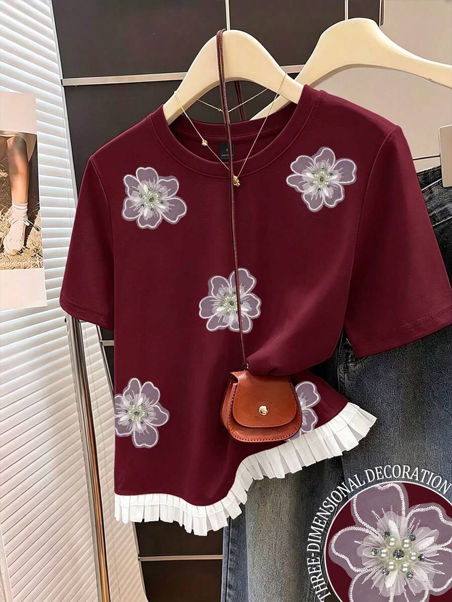 Resyla Women's Floral Decor Round Neck Short Sleeve Top, Summer - Burgundy - View 1
