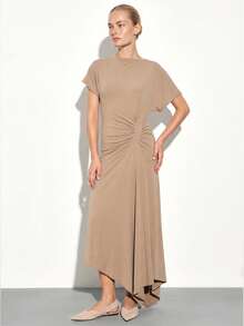 KSTM Women Asymmetrical Maxi Dress Short Sleeve Side Ruched Draped Hem Casual Long Dress Round Neck Twisted Detail Summer Fall - Grey - View 1