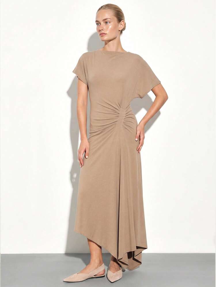 KSTM Damen asymmetrisches Maxikleid mit kurzen Ärmeln, seitlich geraffter Drapierung, langer Saum, Rundhalsausschnitt mit Twist-Detail, für Sommer und Herbst