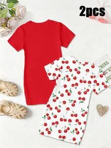 2pcs/Set Girls Casual Fruit Cherry Print Short Sleeve T-Shirt Dress,Back-To-School School Comfortable Daily Wear,Suitable For Spring,Summer And Autumn - Multicolor - View 2