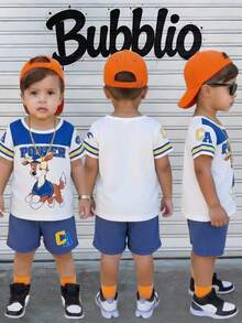 2pcs Baby Boys Blue White Stripe Cartoon Dog Print Short Sleeve T-Shirt And Shorts Set,Cute Summer Toddler Little Brother Beach Racing Outfits - Blue and White - View 3