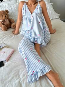 Napfluff Women's PJS, Spring Pink Striped Heart Print V-Neck Drawstring Ruched Ruffle Trim Camisole And Lounge Pants T Two Pieces Sleepwear Set Summer Pj Set - Blue - View 4