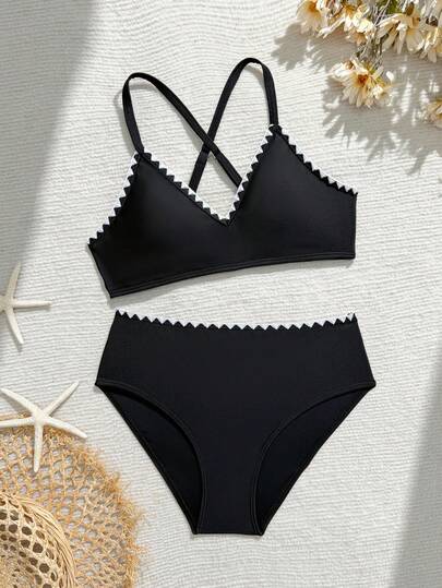 SHEIN Tween Girls Bikini Sets, Simple And Cool Girl Style, Classic Solid Black With White Embroidered Shell Trim, Halter Neck Strap + High Waist Contrast Color Triangle Bottom, 2 Piece Set, Knit Fabric, Fashionable, Casual, Elegant, Suitable For Swimming, Summer Vacation, Beach, Pool, Party, Holiday