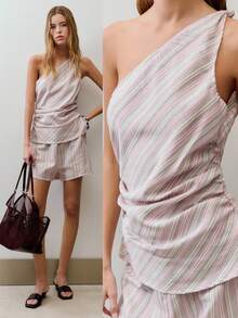 Nöista Two Pieces Set With One-Shoulder Striped Top Soft Drape Matching Shorts.For Summer Co-Ord.Perfect For Vacations Coord Matching Style Pool Party - Pink - View 4