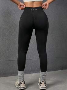 Dewbera 1 chiếc quần legging nữ màu đen in họa tiết, ôm sát, không đường may, chất liệu dệt kim, thoải mái cho yoga, thể thao, mùa thu/đông. - màu đen - Xem 1