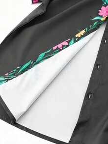 Manfinity Homme 男士休閒花卉印花短袖正式襯衫，儀式適用 - 黑色 - 查看 5