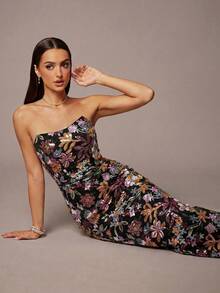 Silquee Women's Elegant Ruched Hem Beaded Embroidered Strapless Dress,Summer Dresses For Women - Multicolor - View 7