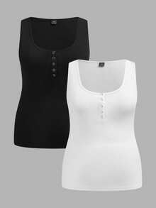 Slaydiva 2pcs/Set Casual Black & White Plus Size Women Camisole And Tank Top, Suitable For Summer Music Festivals - Black and White - View 10