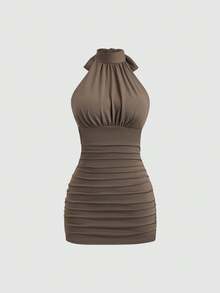 SHEIN Unity Damen Aprikose & Kaffee Neckholder Elegantes lässig Plissee Figurbetontes Bodycon Mini Kleid 2 Stücke Set, Frühling/Sommer - Verschiedenfarbig - Übersicht 4