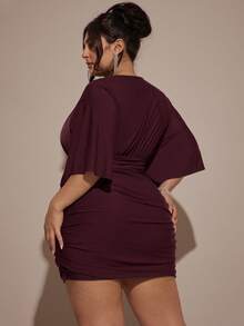SHEIN BAE Plus Size Women V-Neck Mini Green Christmas Dress - Maroon - View 2