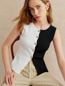 Blusa de punto sin mangas con botones delanteros de unicolor para uso casual y de oficina para mujeres - Blanco y Negro - Ver 4