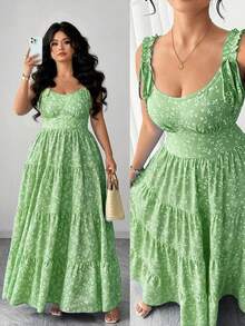 Elenzga Vestido de verano sexy para mujer de talla grande con nuevo diseño floral azul, cuello en V, mangas farol, decoración con lazo en los hombros, volantes en el bajo y cintura ceñida. Adecuado para vacaciones, uso diario casual, citas de verano y ocasiones sociales. - Verde - Ver 3