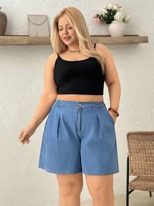 SHEIN Cottnline شورتات جينز ذات خصر مرن، قماش رقيق، ارتفاع الخصر - أزرق فاتح - مشاهدة 6