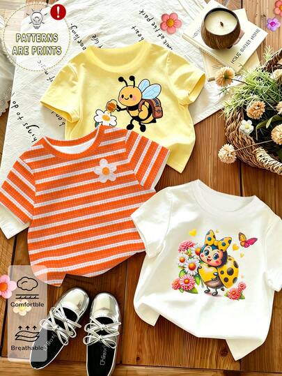 3pcs Girls Casual Tops, Spring Summer Autumn, Cute Bee & Floral Print, Striped, Comfortable Daily Wear