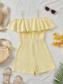 Sparklyn Tween Girls' Solid Color Spaghetti Strap Cold Shoulder Ruffle Hem Casual Loose Jumpsuit, Summer - Yellow - View 8