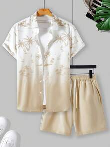 Genlund Conjunto de camisa de manga corta con estampado simple y pantalones cortos de unicolor para hombre, vacaciones - Multicolor - Ver 3