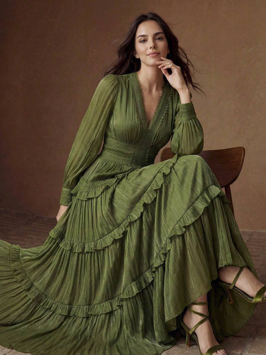 Anewsta New Romantic Ruffled Floral Splice V-Neck Petal Sleeve Dress, Vacation & Holiday Wear For Women, Summer - Army Green - View 1