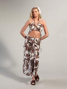 Rouah Linen Blend Oversized Tropical Rustic Leaf Print 2 Piece Set - Perfect For Summer Holiday And City Breaks - Skirt Co Ord Women Beach Vacation - Multicolor - View 5