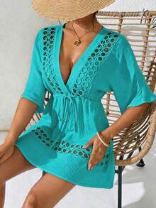 Swim Lushoire Women's Black Deep V-Neck Casual Cover Up, Spring/Summer - Cadet Blue - View 5