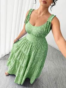 Elenzga Vestido de verano sexy para mujer de talla grande con nuevo diseño floral azul, cuello en V, mangas farol, decoración con lazo en los hombros, volantes en el bajo y cintura ceñida. Adecuado para vacaciones, uso diario casual, citas de verano y ocasiones sociales. - Verde - Ver 6