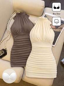 SHEIN Unity Damen Aprikose & Kaffee Neckholder Elegantes lässig Plissee Figurbetontes Bodycon Mini Kleid 2 Stücke Set, Frühling/Sommer - Verschiedenfarbig - Übersicht 1