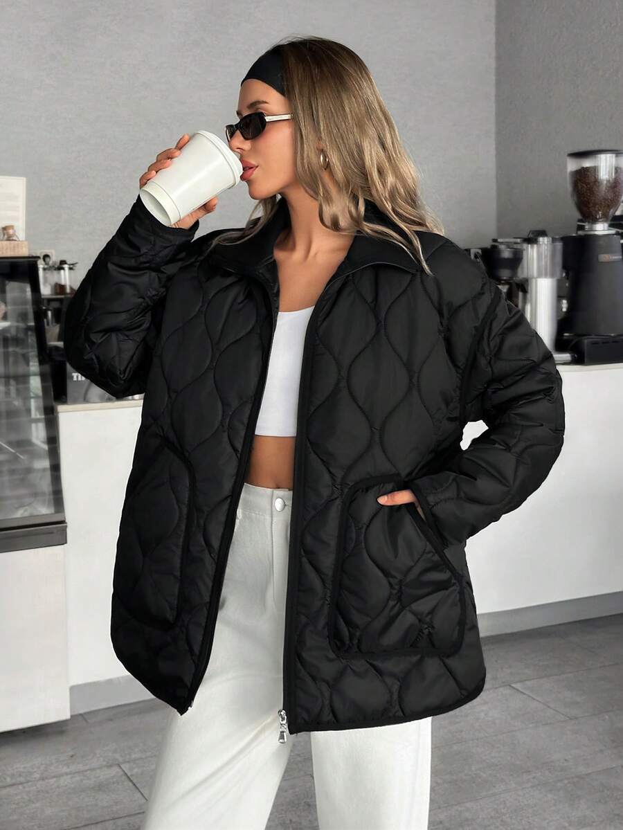 EURMUSE Black Quilted Jacket With High Collar And Zipper Closure - Black - View 1
