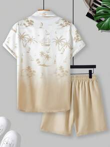 Genlund Conjunto de camisa de manga corta con estampado simple y pantalones cortos de unicolor para hombre, vacaciones - Multicolor - Ver 2