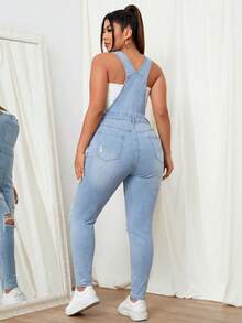 SHEIN EZwear 大码休闲水洗做旧修身牛仔背带裤 - 淺色水洗藍 - 查看 2