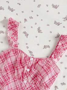 Flirla Women's Pink And White Plaid Romantic Cute Ruffled Sleeve Shirt Blouse, Spring/Summer Vacation - Pink - View 4