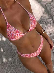 Swim Mod Bộ bikini hai mảnh họa tiết hoa nhí, kiểu dáng giản dị, in ngẫu nhiên, trang phục đi biển mùa hè chủ đề Lễ hội mùa thu hoạch cho nữ, bộ bikini mùa hè cho nữ, giá một giá, đồ bơi cho nữ, đồ bơi nâng ngực cho nữ, bộ bikini và đồ bơi. - Màu Hồng Tươi - Xem 3