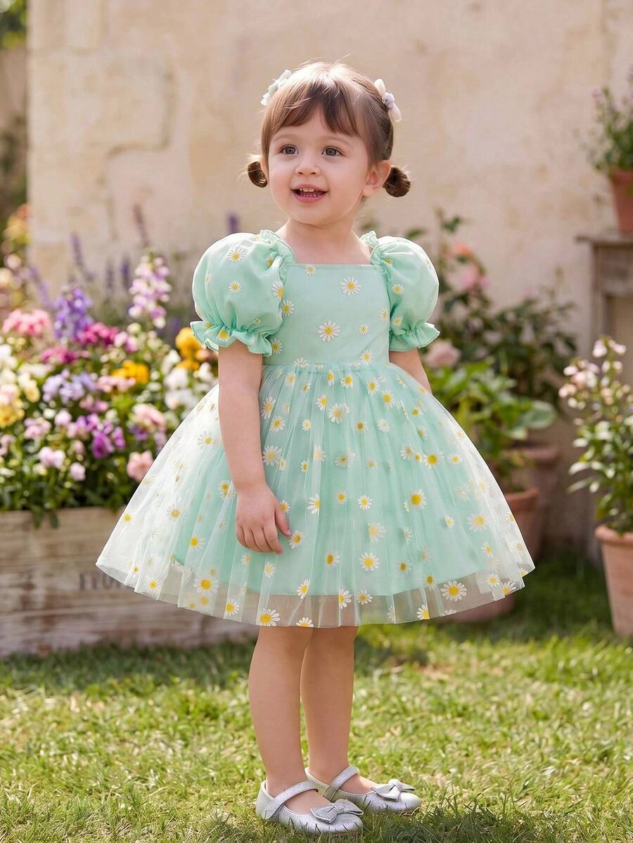 SHEIN Glamorique Kids 女婴优雅绿色可爱雏菊刺绣泡泡袖收腰奢华双层薄纱蓬蓬裙正式套装 - 綠色 - 查看 1