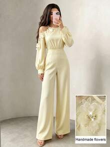 Modelyn Women's Elegant Slimming Mesh Patchwork Floral Long Sleeve Top And Straight Leg Pants Set - Apricot - View 3