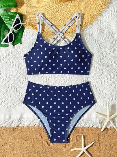 Tween Girl Bikini Swimwear, Tween Girls Two-Piece Swimwear, Tween Girls Polka Dot Swimwear, Navy Blue Polka Dot, Retro Fashionable, Criss-Cross Strap Design For Added Aesthetics, Suitable For Beach Vacation, Holiday Beach, Swimming Pool, Surfing