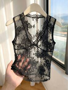 SHEIN Franclia Áo hai dây không tay cổ chữ V ren xuyên thấu, thanh lịch, gợi cảm dành cho nữ, thích hợp mặc hàng ngày hoặc đi nghỉ mát. - màu đen - Xem 1