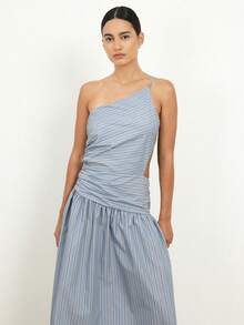 Vestido midi asimétrico de un hombro con rayas, con detalle de espalda abierta y cierre con lazo para ocasiones de verano - Azul - Ver 4
