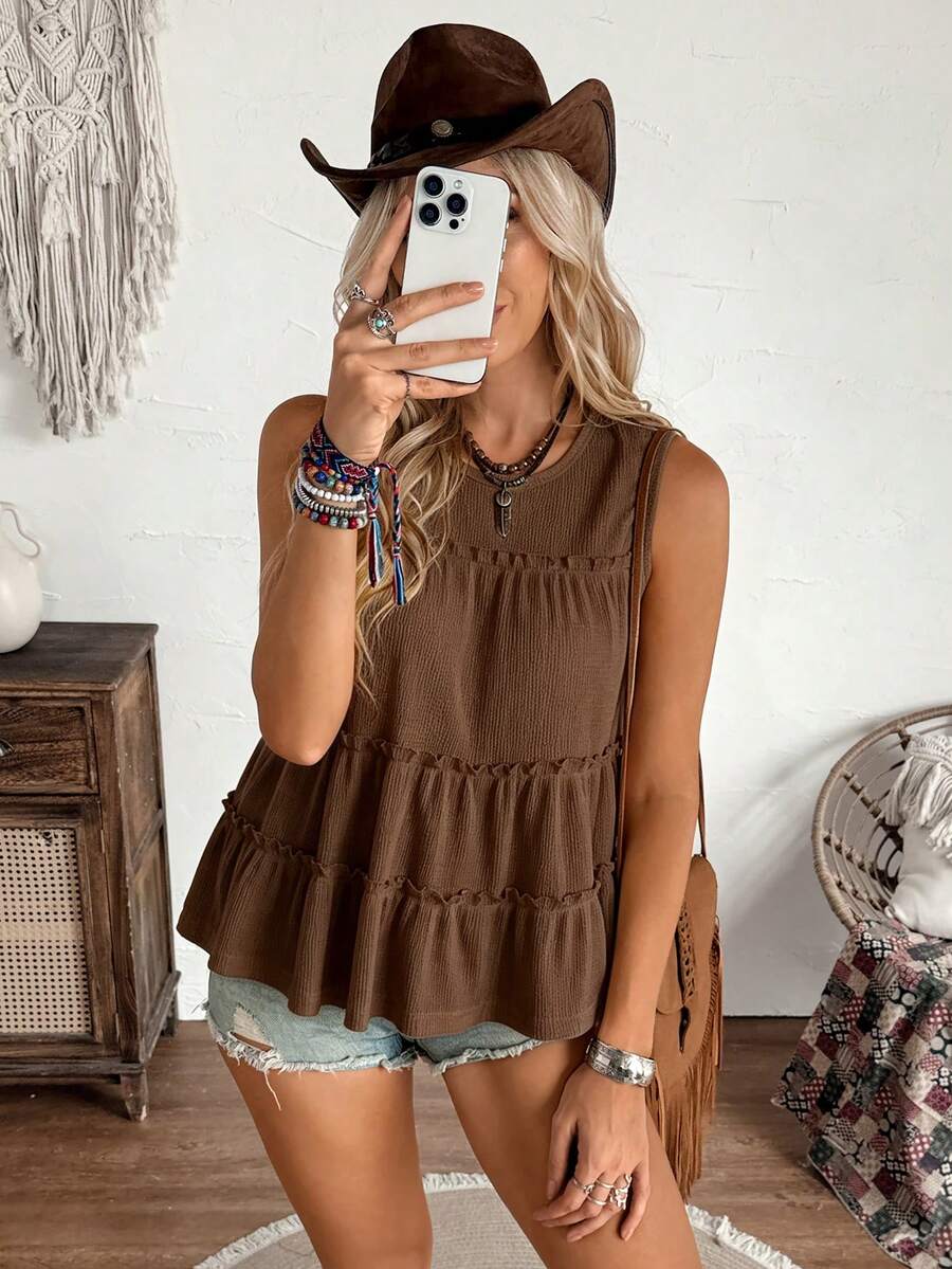 LanaWest Áo vest nữ dáng rộng, màu trơn, cổ tròn, viền bèo nhún, thích hợp cho kỳ nghỉ, công sở, mặc hàng ngày, phong cách phương Tây, phong cách Bohemian, kiểu babydoll. - Cà phê nâu - Xem 1